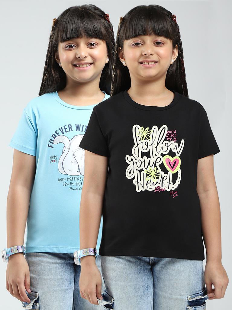 MONTE CARLO Girls Printed Round Neck Half Sleeve Tops Pack of 2