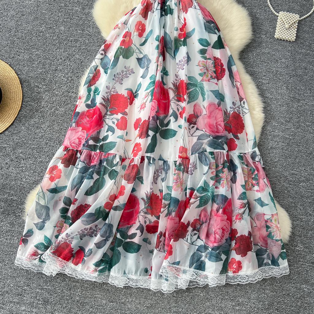 Высококачественное цветочное пляжное макси-платье для женщин с разрезом по горловине, эластичное отпускное шифоновое платье А-силуэта с кружевным принтом, длинный сарафан