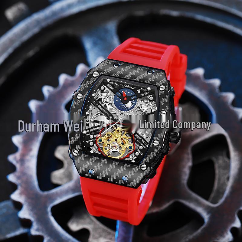 Мужские часы Durham Weida Tonneau Skeleton Tourbillon с автоподзаводом и резиновым ремешком.