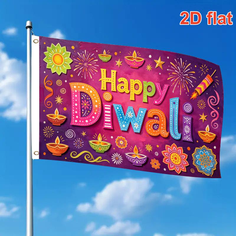 2D Flat - Single Large Flag Happy Diwali Vibrant Print Peacock Diya Lotus Floral Holiday Graphic (29) 2D Flat Print Festival Design, Single-Sided, Two
