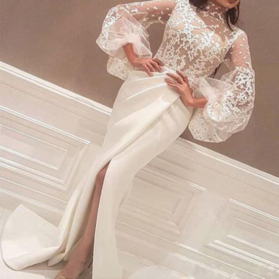 Женские нижние юбки размера плюс, прозрачная водолазка, вечернее платье с высокой талией и высоким разрезом по краю, с пышными рукавами, женское платье, женская одежда