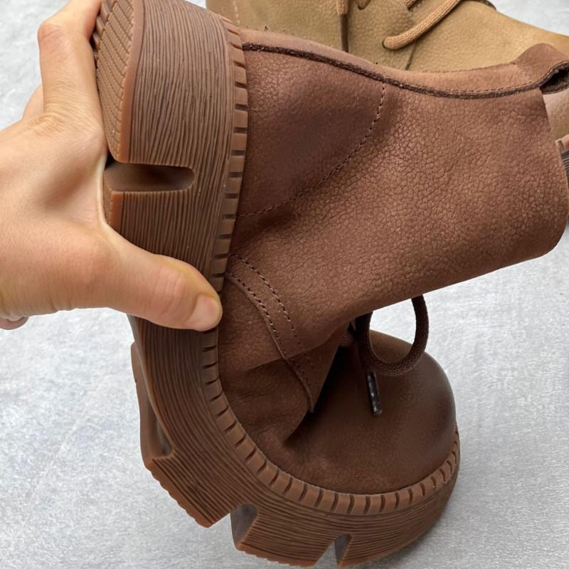 Johnature Vintage Handmade Genuine Leather Thick Sole Short Boots Round Toe Lace Up Cowhide Women's Shoes