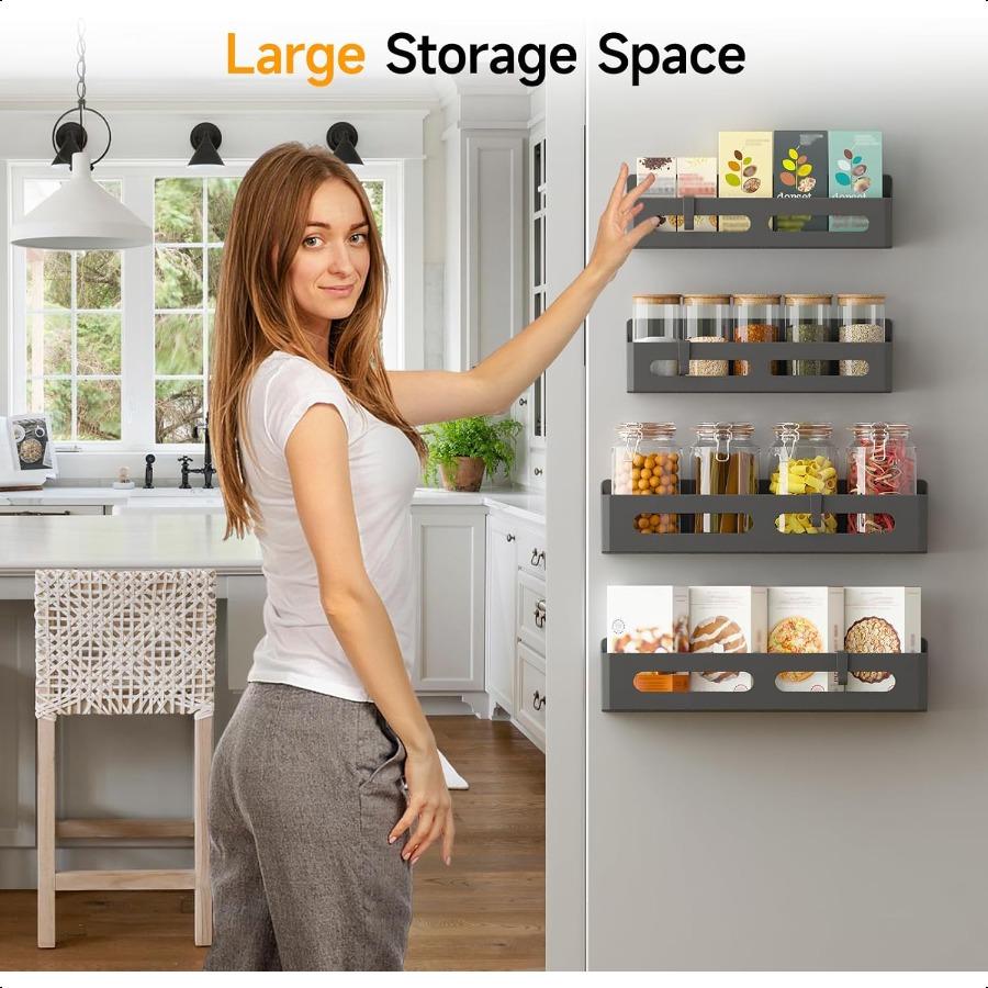 Набор из 4 магнитных полок для специй для холодильника, органайзер для специй, подвижная магнитная полка, органайзер для холодильника с 4 крючками для кухни