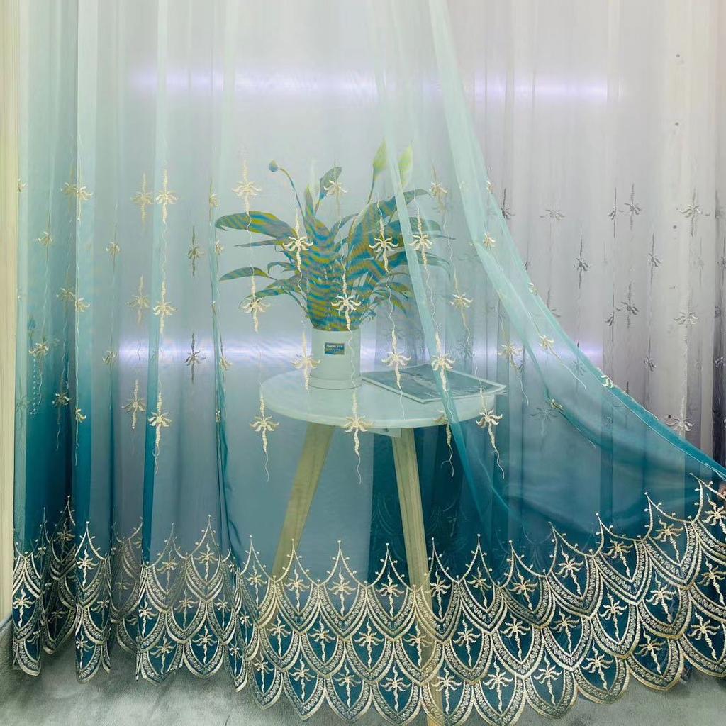 Flower Golden Embroidered Sheer Voile Curtain with Top Lace Valance, Suitable for Living Room, Bedroom, Kitchen Home Decor