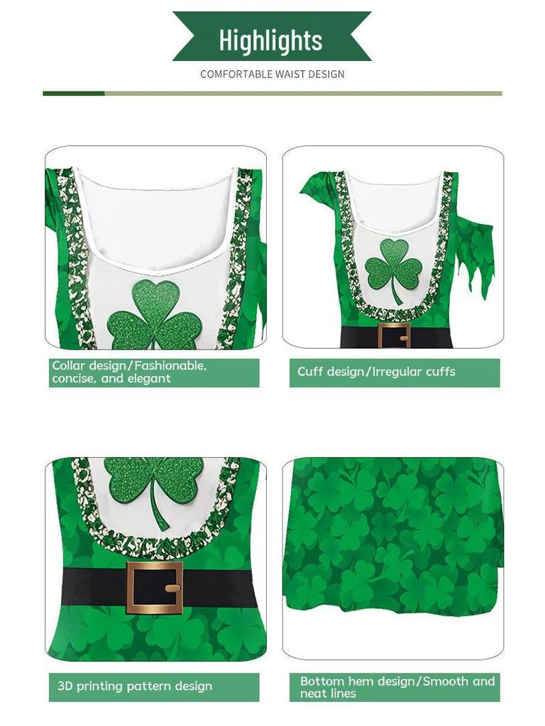 Clover St. Patrick's Day Irregular Sleeve Dress with Digital Print Skirt for Women