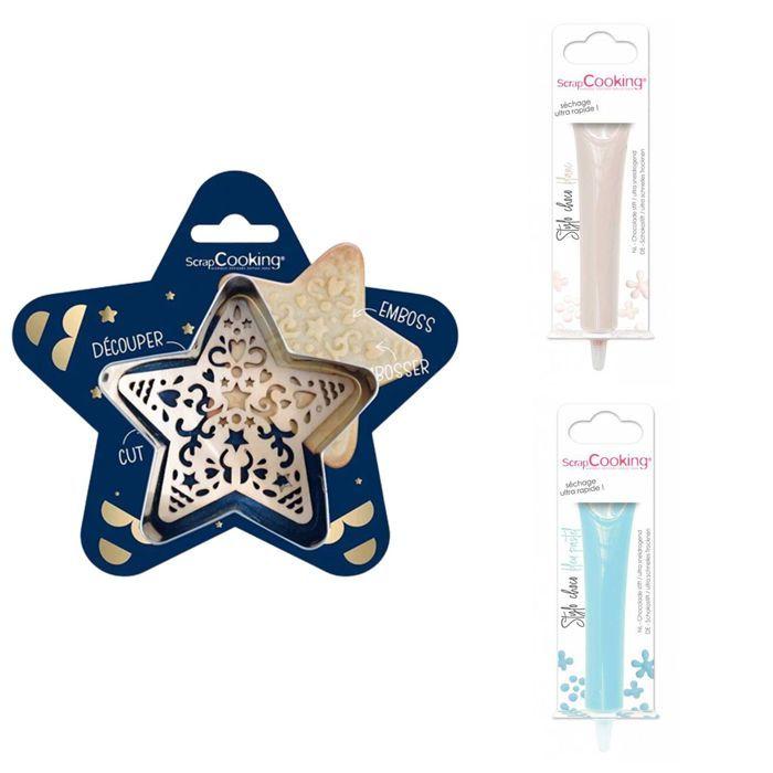 Kit pour biscuit en relief Étoile + 2 Stylos au chocolat blanc et bleu pastel