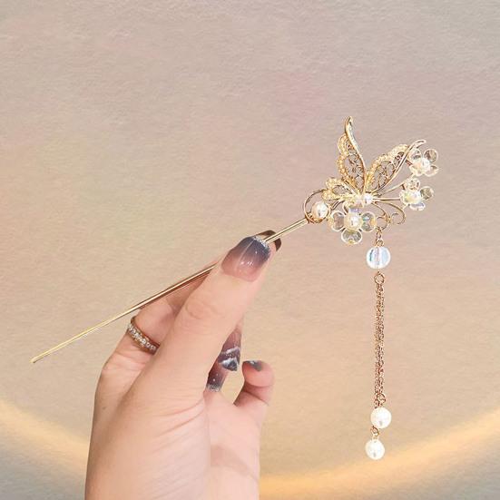 Chinese Style Faux Pearl Tassel Hair Stick Hollow Butterflies Shape Elegant Lady Back Head Hair Chopstick Headdress Hair Accessories
