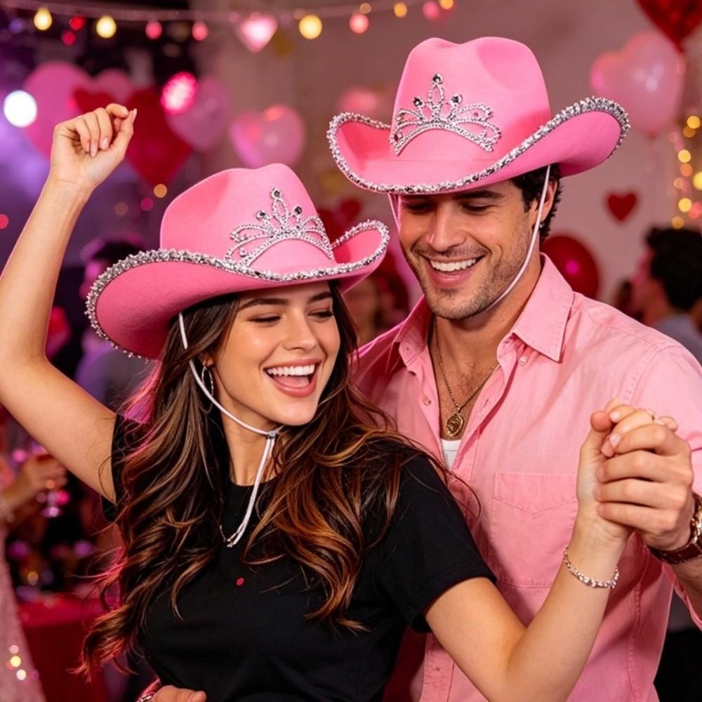Wide Curved Brim Rhinestone Tiara Cowgirl Hat Sparkly Western Cowboy Cap Birthday Party