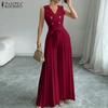Womens Summer Notched Lapel Sleeveless Wide Leg Long Jumpsuits