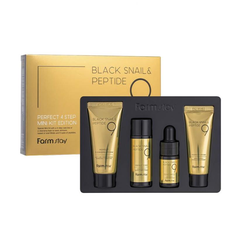 FARM STAY Black Snail & Peptide9 Perfect 4 Step Mini Kit Edition (Тонер+ампула+крем+очищающее средство)