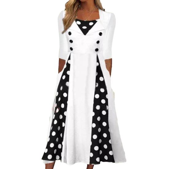 Платье миди с квадратным вырезом и половиной рукавом, высокой талией и принтом в горошек, женское платье с большим подолом, рабочая одежда