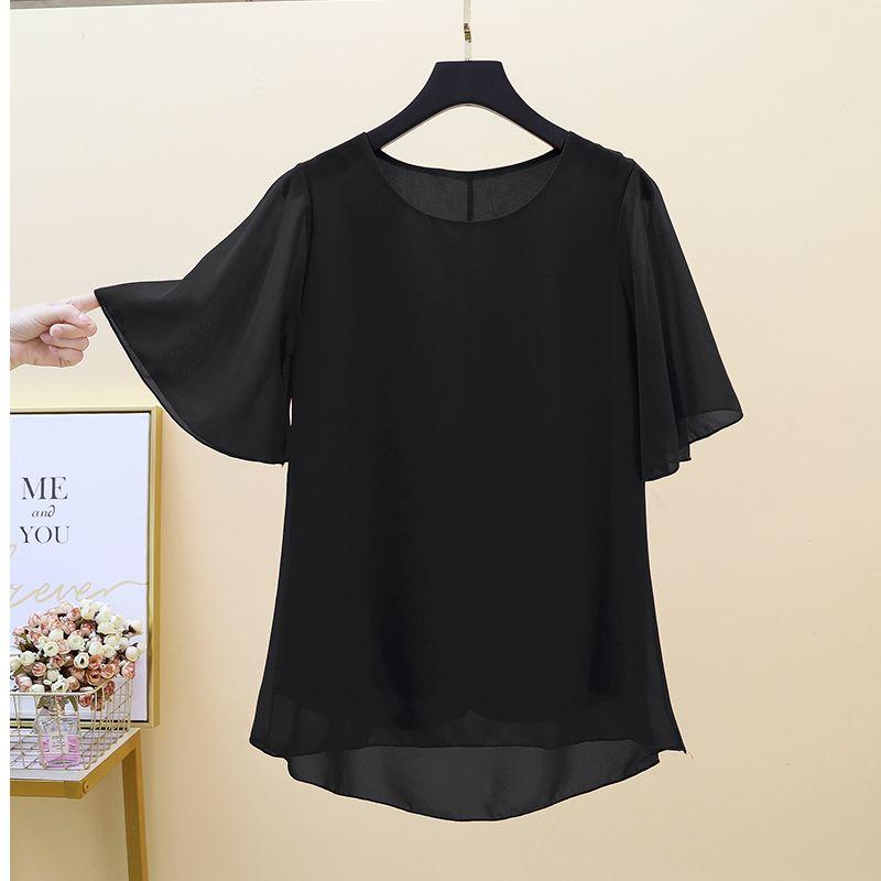 Блузка шифоновая женская большого размера с коротким рукавом, летний свободный топ, с круглым вырезом, базовая футболка для мамы