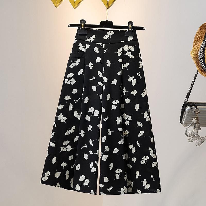 Свободные и тонкие шифоновые повседневные прямые брюки, юбка с цветочным узором, широкие брюки с семью точками, универсальные брюки