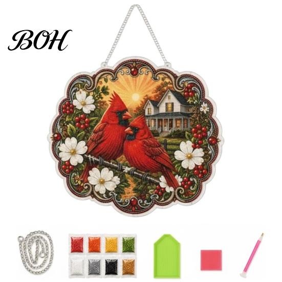 Diamond Painting Kit Cardinals & Sunrise DIY Craft Kit, Acrylic Diamonds Hanging Decoration with Sparkling Artwork Pre-Printed Pattern Colorful Beads