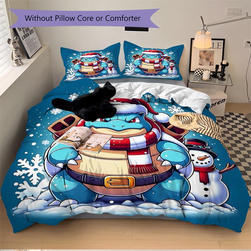 3pcs Squirtle's Winter Wonderland Adventure Quilt Cover Set (1 Quilt Cover + 2 Pillowcases Without Pillow Core), High-Definition Printing for Hom