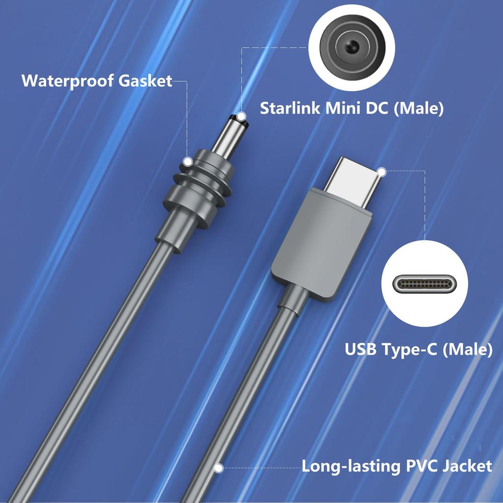 Starlink Mini USB C to DC Power Cable 16.4FT 5M Portable 100W PD 20V Waterproof for RV Boat Camping Outdoor Trip Accessories