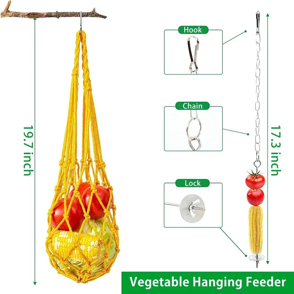 6Pcs Parrot Playing Training Toys Chicken Toys Set Chewing Foraging Toys with Wooden Swing Fruit Vegetable Hanging Feeder