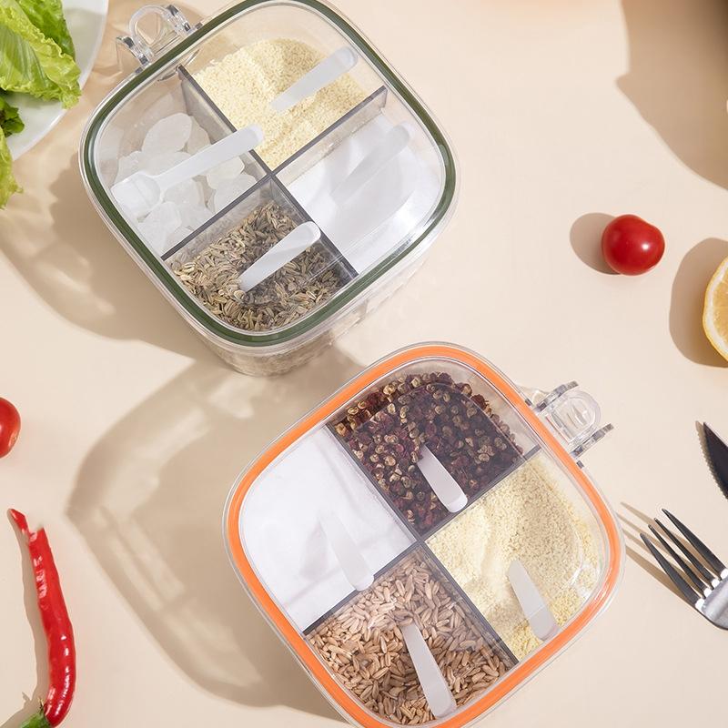 Коробка для приправ с несколькими сетками, ложками и герметичной крышкой, прозрачная банка для специй, миска для сахара и перца чили, влагонепроницаемый контейнер
