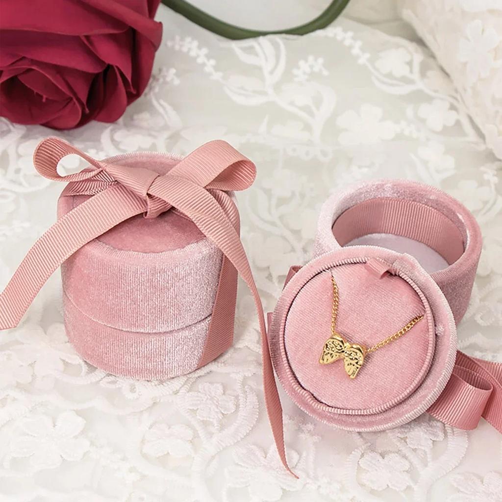 Delicate Handmade vintage velvet pendant necklace boxes gift box pink ribbon storage ring boxes jewelry packaging