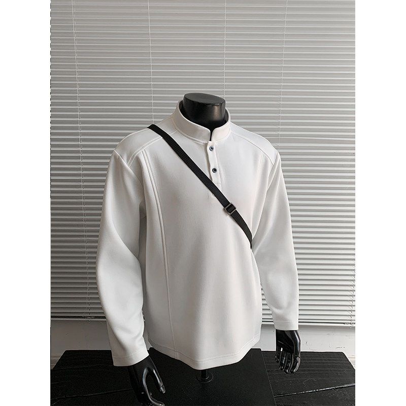 Dongjie No Logo Flus Autumn Henry Collar Straight Shoulder Composite 270g Heavy Cotton Long Sleeve T-Shirt Men's Sweatshirt