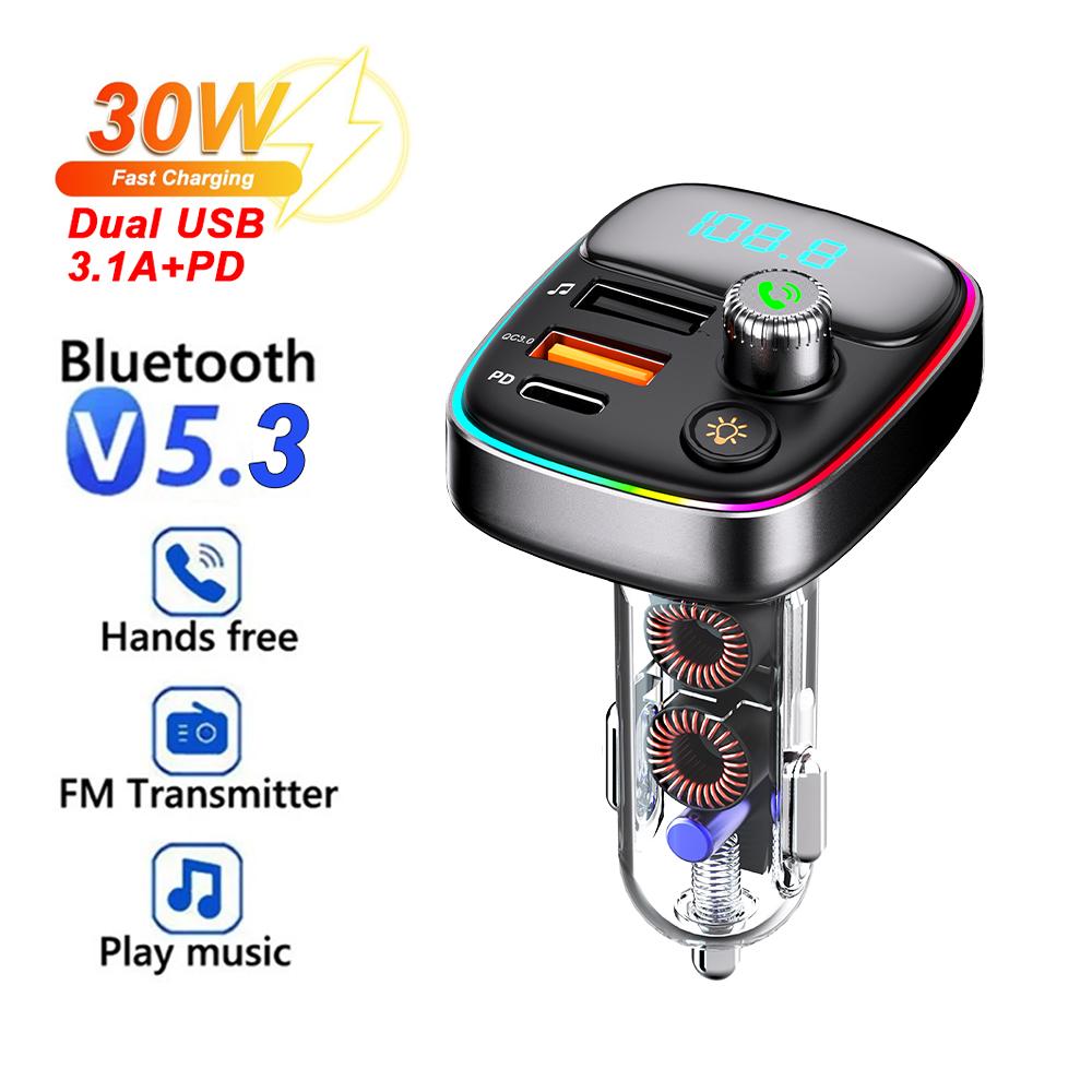Bluetooth 5.3 Car FM Transmitter Handsfree PD+3.1A Dual USB Type C Phone Charger Quick Charging with RGB Light AUX Music Kit