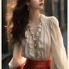 Women's Clothing V-Neck Ruffles Patchwork Solid Color Pullover Lantern Long Sleeve Chiffon Casual Elegant Korean All-match Tops