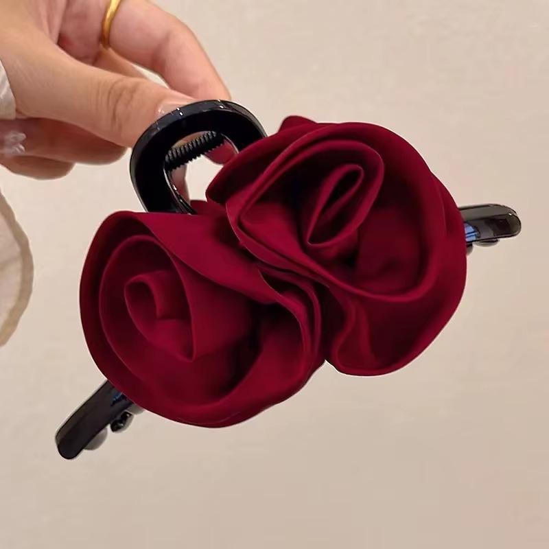 French Big Double Rose Flower Hair Claw Clips for Women Girls Vintage Satin Solid Fabric Handmade Shark Hairgrip Accessories