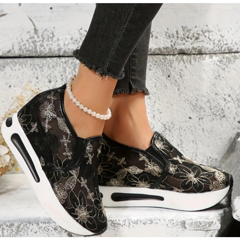 Весенние кружевные сетчатые повседневные женские туфли с цветочным принтом, массивные кроссовки увеличенной высоты