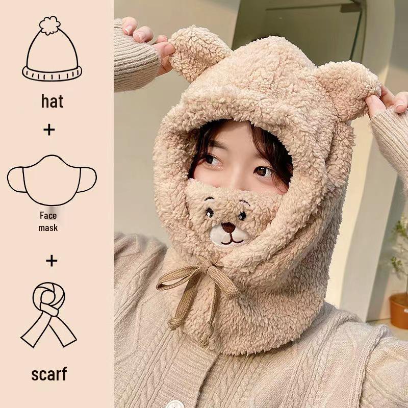 Women's Autumn & Winter Plush Thickened Integrated Hat & Scarf for Cycling - Windproof, Coldproof, Electric Car Pullover Hat.
