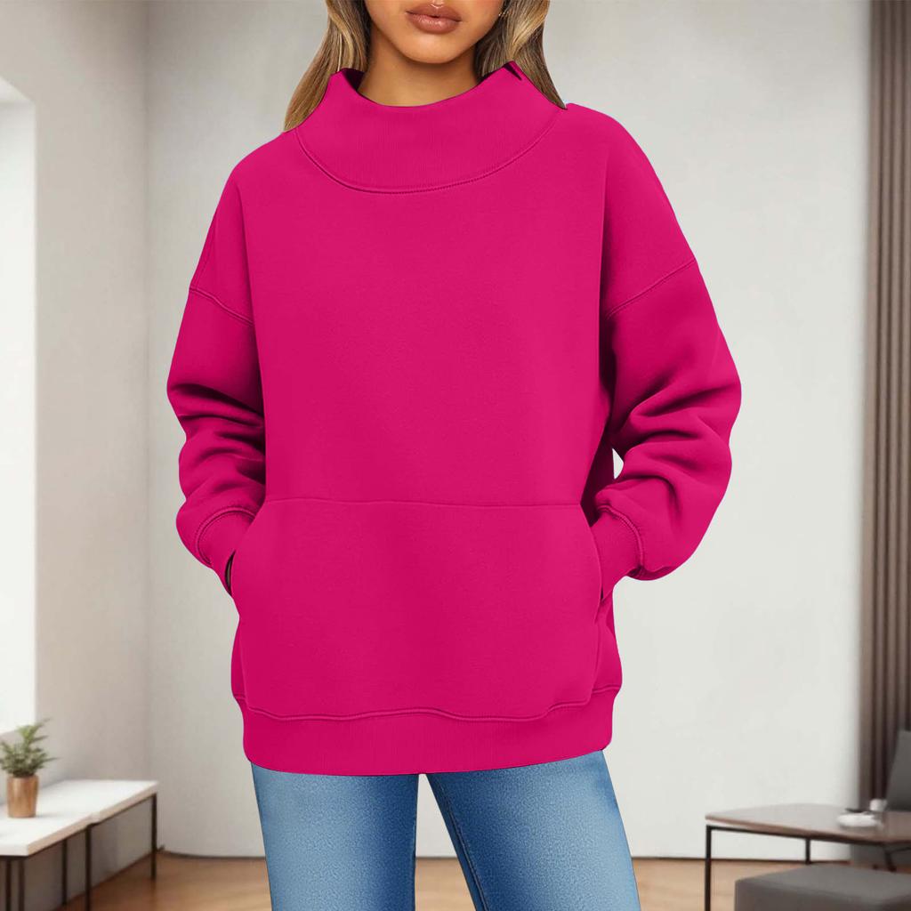 Women's Fashionable Casual Solid Color Round Neck Long Sleeved Pocket Sports Casual Pullover Sweatshirt Top