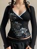 Y2K Дерзкая Девушка V-образный вырез Цветочный Длинный рукав Облегающий Талия приталенная Ретро Топ