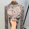 Women's Autumn and Winter High Neck with Vintage Printed Long Sleeves Tucked In Waist Top
