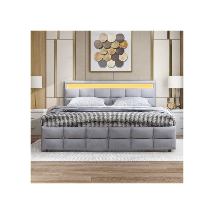 Lit double - MUVOE - 180 x 200 cm - Cadre de lit LED - 4 tiroirs - Gris moderne