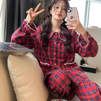 Новый кукольный воротник красный клетчатый пижамный комплект студенческая домашняя одежда женская весна осень пижамы свободная сетчатая домашняя одежда