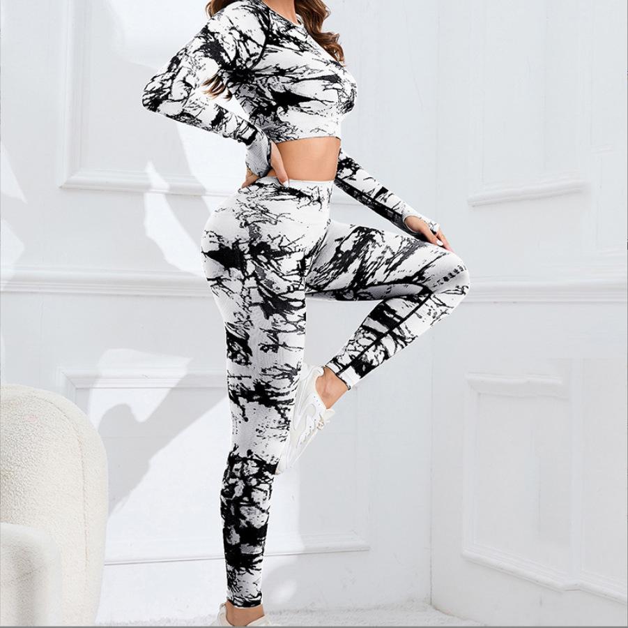 «Бесшовный комплект для йоги с узором «тай-дай»: Топ с длинными рукавами и леггинсы с высокой талией для женщин