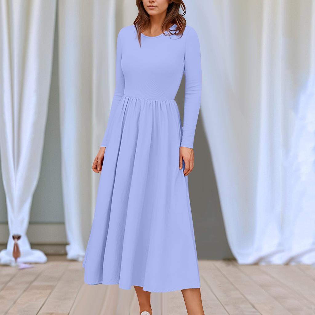 Women's Solid Color Midi Boho Dress Casual Long Sleeve Flowy Smocked Dresses With Pocket Summer And Spring