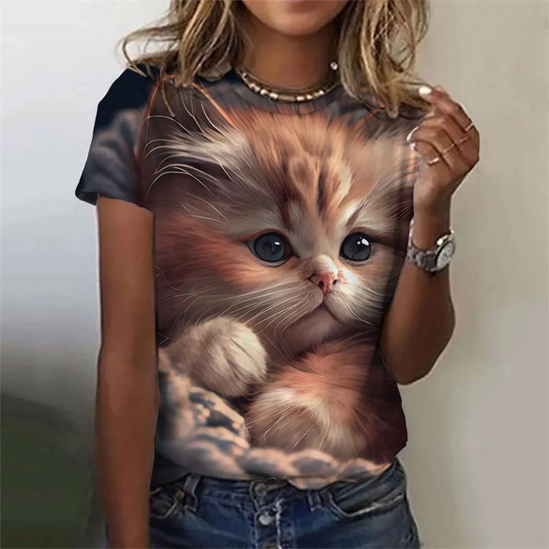 Женские футболки с забавным принтом 3D Kawaii Cat Футболки с модным круглым вырезом и коротким рукавом Топы свободного покроя Женская одежда Y2k Милая одежда