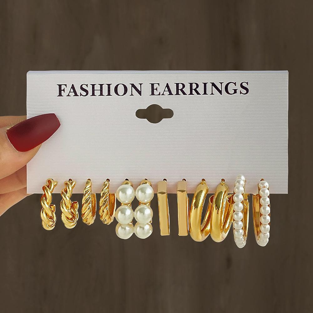 6Pairs Gold Color Vintage Geometry Pearl Earrings Set Metal Chain C shape Dangle Earrings for Women Simple Trendy Party Jewelry