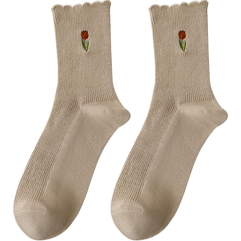 Socks, Women'S Double-Needle Cotton Socks, Medium Socks, Xiaohongshu Explosive Tulip Flower Socks, Embroidered Cotton Socks