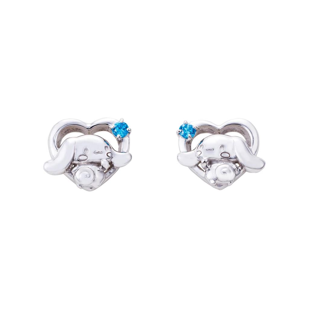 Серьги Cinnamoroll для обоих ушей, набор из 2 персонажей Sanrio, коричный хвост, открытое сердце, синий камень, серебро 925 пробы, фианит, силиконовая застежка, родий