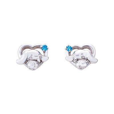 Серьги Cinnamoroll для обоих ушей, набор из 2 персонажей Sanrio, коричный хвост, открытое сердце, синий камень, серебро 925 пробы, фианит, силиконовая застежка, родий