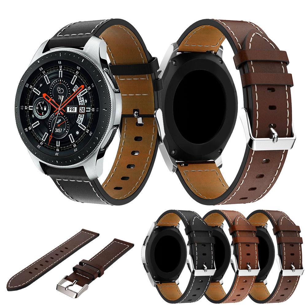 For Samsung Galaxy Watch 46mm Genuine Cow Leather Watch Strap 22mm Adjustable Watchband with White Stitching Line