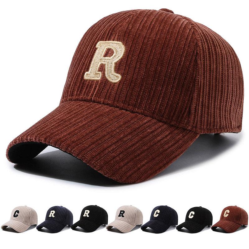 Hat Men and Women Autumn and Winter New Striped Ins Tide Letter R Baseball Cap Corduroy Duck Tongue Cap
