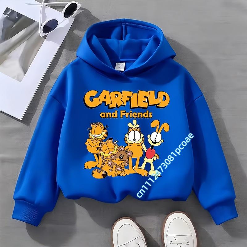 Garfield cartoon print children's hooded sweatshirt for boys, girls, casual top for women, long-sleeved for autumn and winter