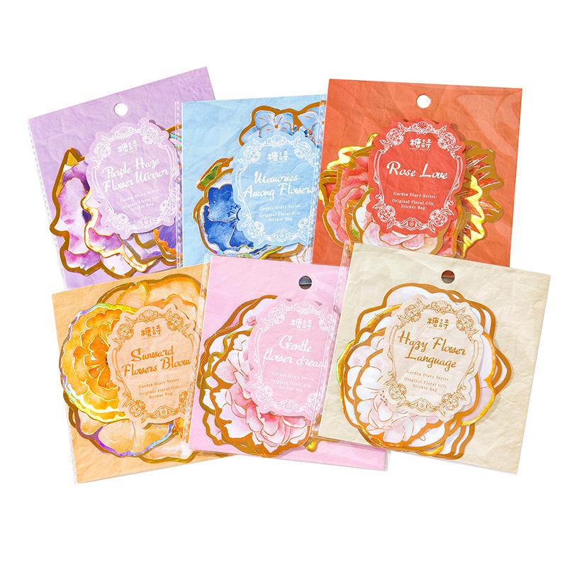 1pack/10pcs Vintage Gold-Foil Flower Sticker Pack, Retro Hot-Stamped Floral Designs for Journal Embellishment Scrapbooking