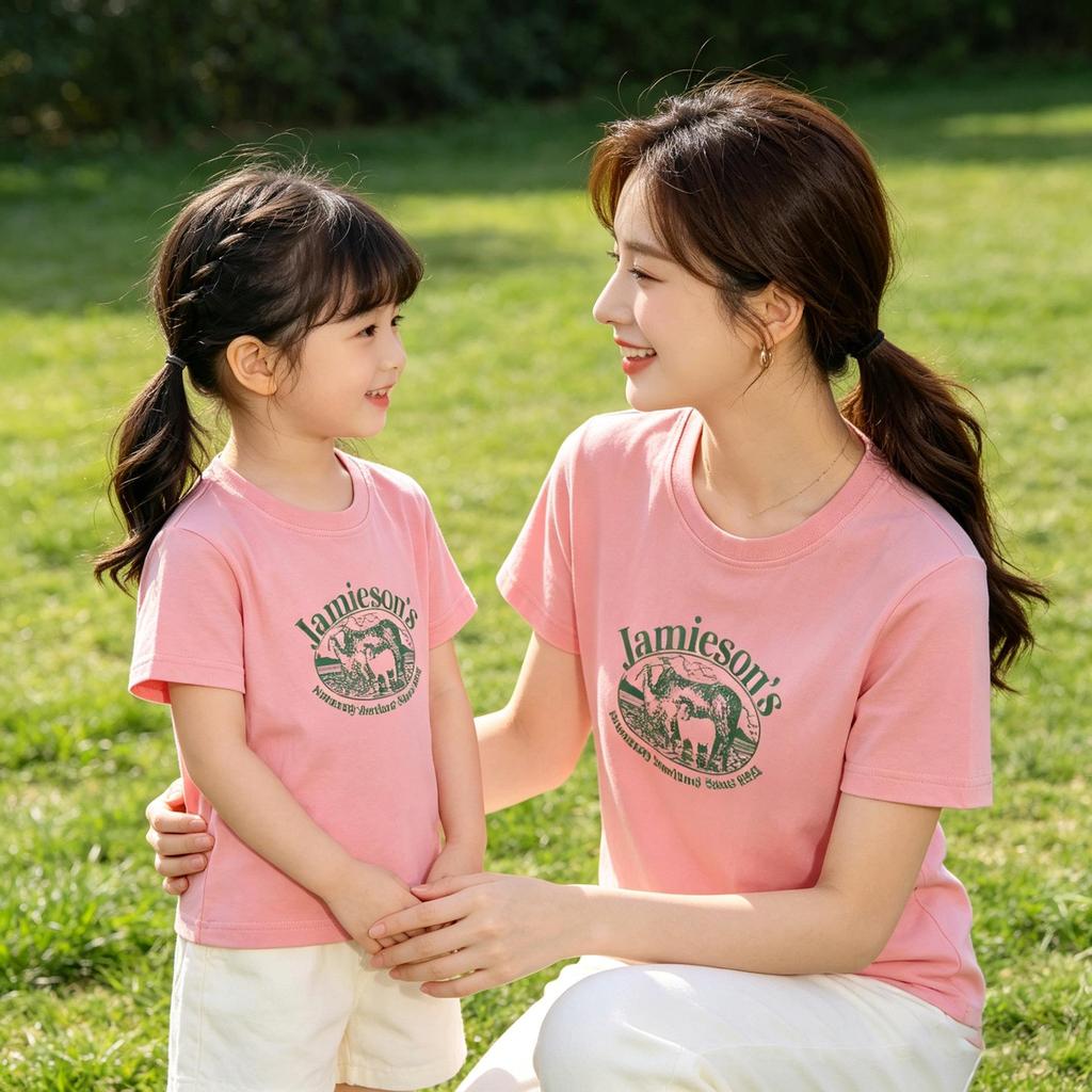 100% Cotton Lamb Print Mother-Daughter Matching Short Sleeve T-Shirt - Round Neck, Casual Top