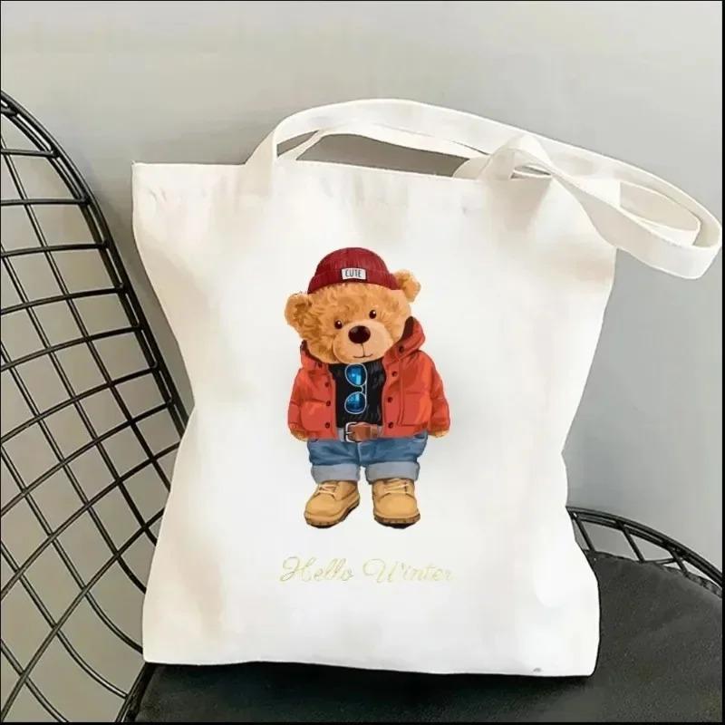 Harajuku Cute Bear Art Shoulder Bags Kawaii Tote Handbag Canvas Girl Environmental Large Capacity Portable Shopping Bag