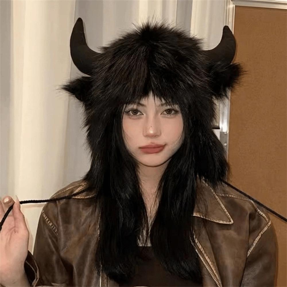 Thickened Ox Horn Hat Solid Color Lei Feng Cap Furry Demon Ear Protection Hat Outdoor