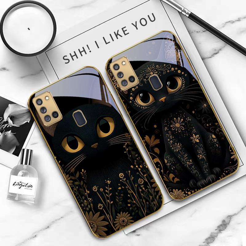 Фантастический черный кот Для Samsung A 31 32 A33 A34 35 14 A15 13 A16 25 26 50 52 53 54 55 56 70 71 72 73 Золотой стеклянный чехол для телефона