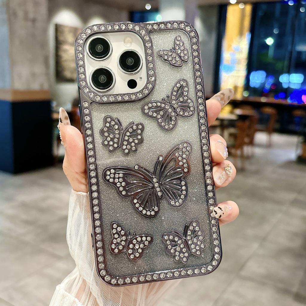 For iPhone 16 Pro Max Case Rhinestone Butterfly Decor TPU Phone Back Cover